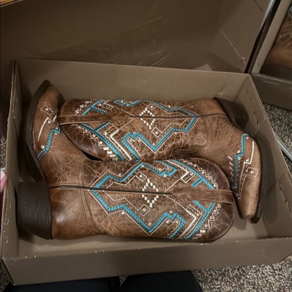 Brown Authentic Leather Cowboy Boots with Turquoise Embroidery